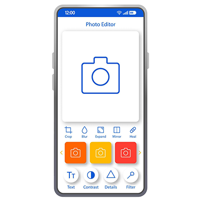 photo editor smartphone interface template mobile app page layout content maker social media post creator camera screen flat ui for photo editing application photography enhancer phone display vector wordpress plugin
